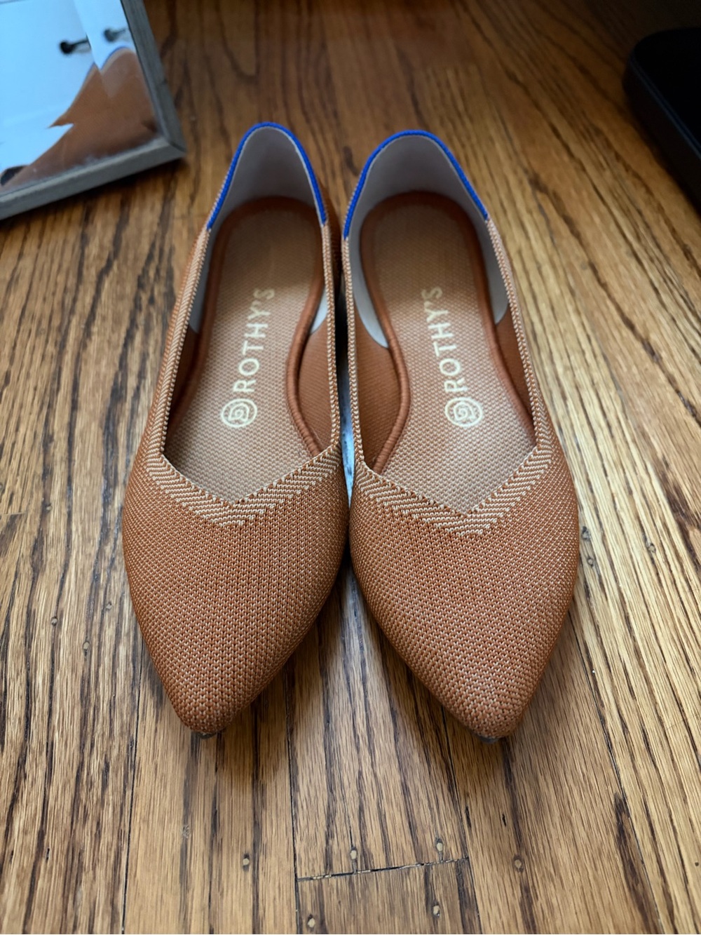 Rothy's Pointed Toe Flats in Tan with Blue Trim